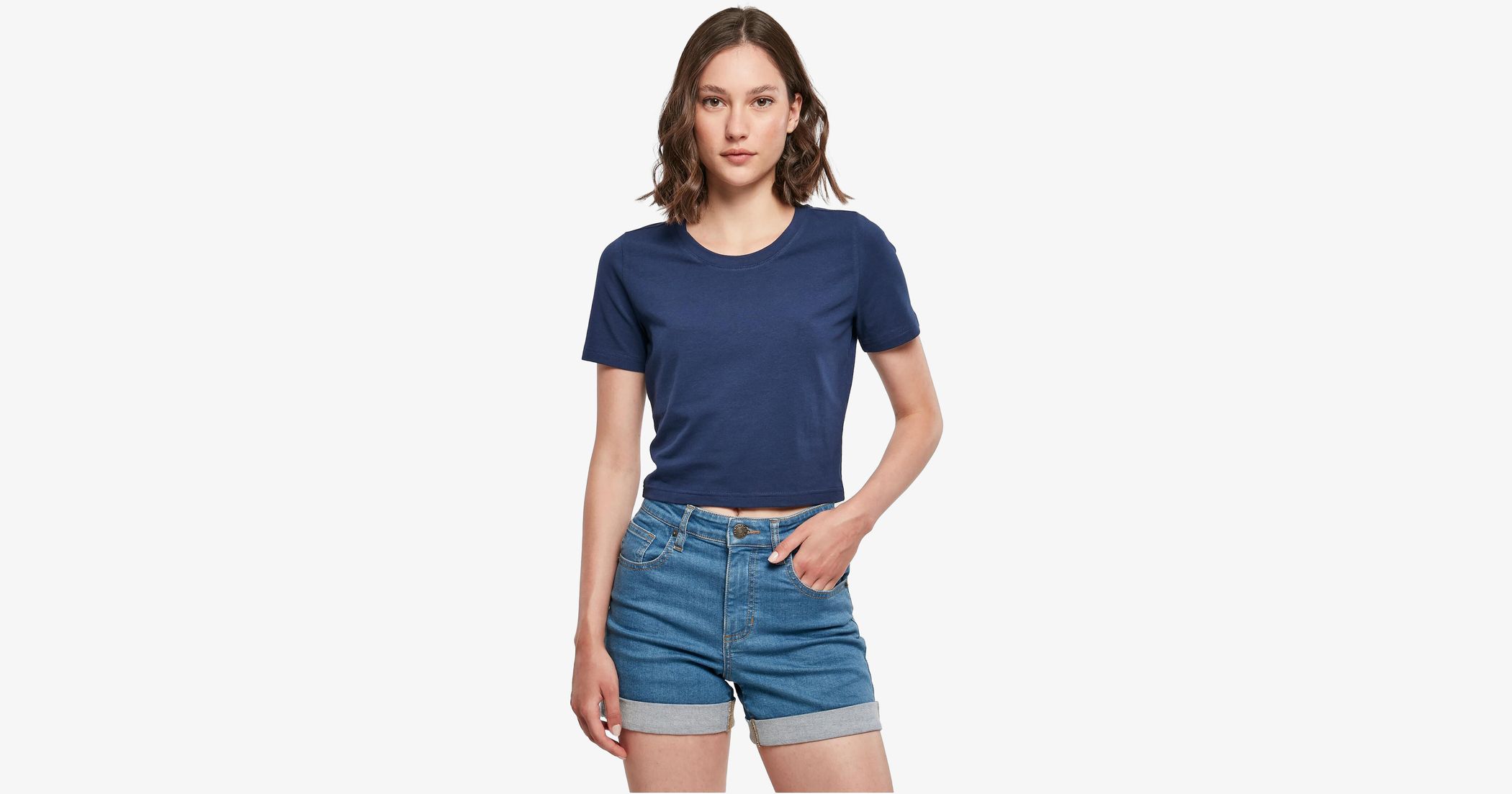 Build Your Brand Women's Cropped Tee - Light Navy, Short Sleeve, Rounded Hem - View #2